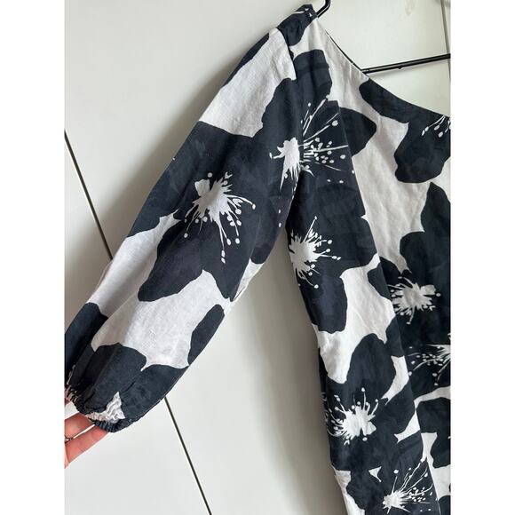 Something Navy Linen One Sleeve Midi Dress Floral Print Size Small Summer Vaca - Picture 9 of 13